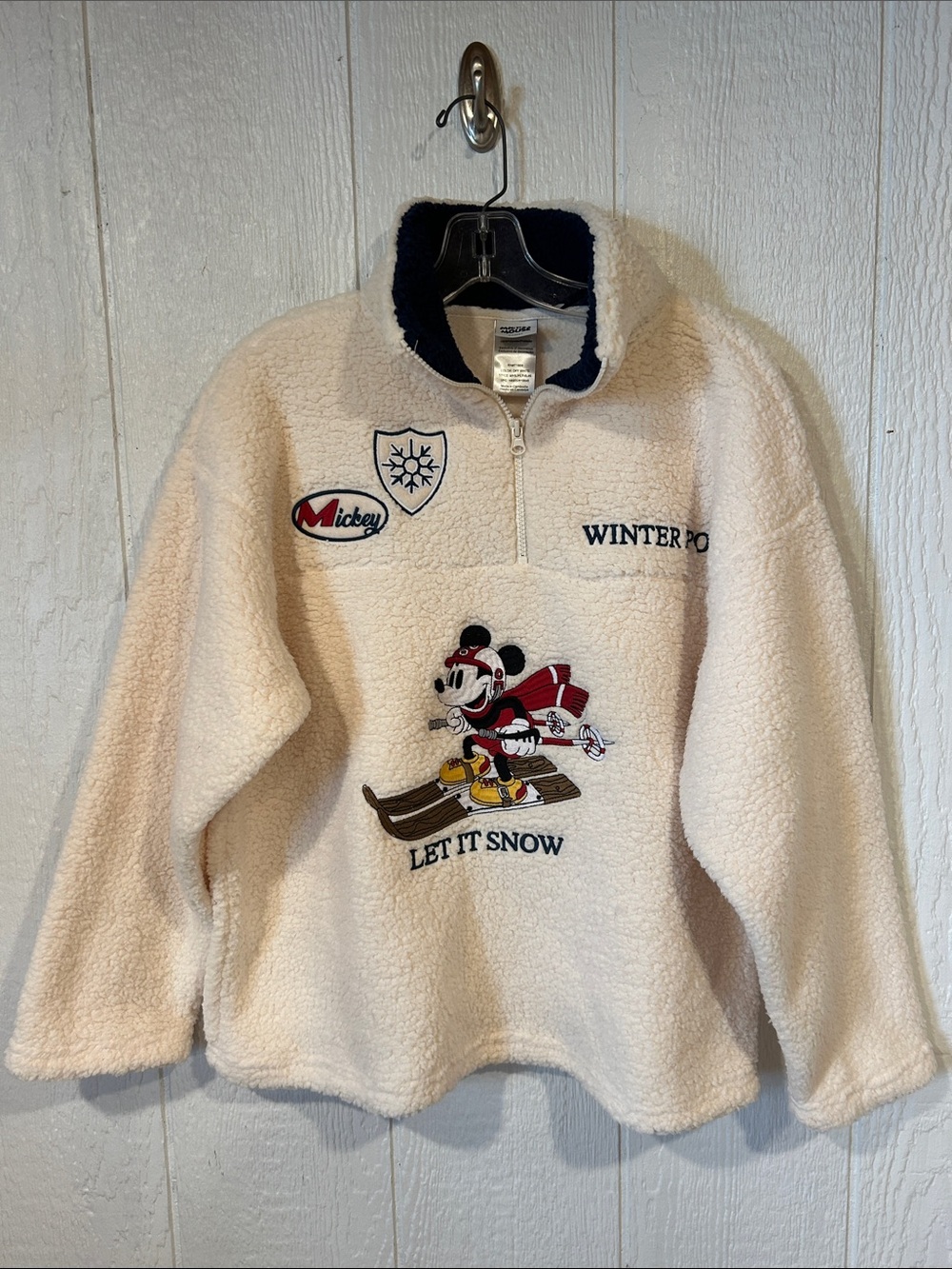 NEW Disney Cream Sherpa Pullover with Navy Collar and Ski Mickey Embroidery